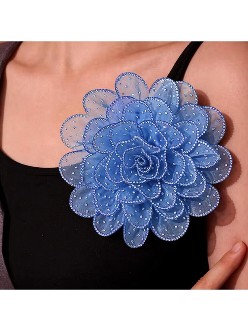 Large  Blue 3D Fabric Flower Brooch Multi‑Layer Mesh Applique with Rhinestones